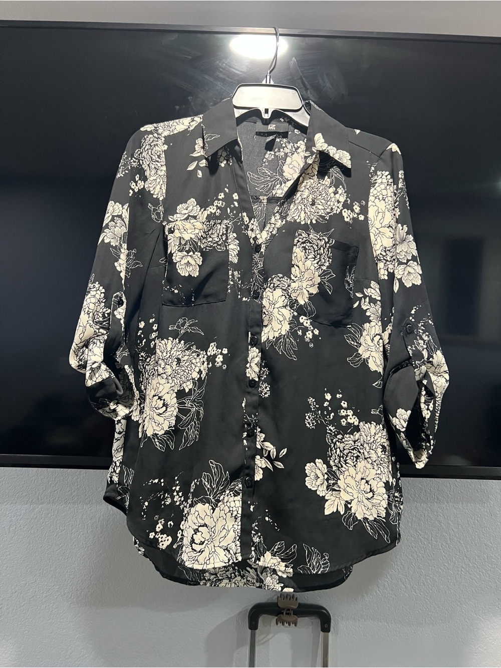Iz Byer Black Button-Front Shirt with White Floral Print